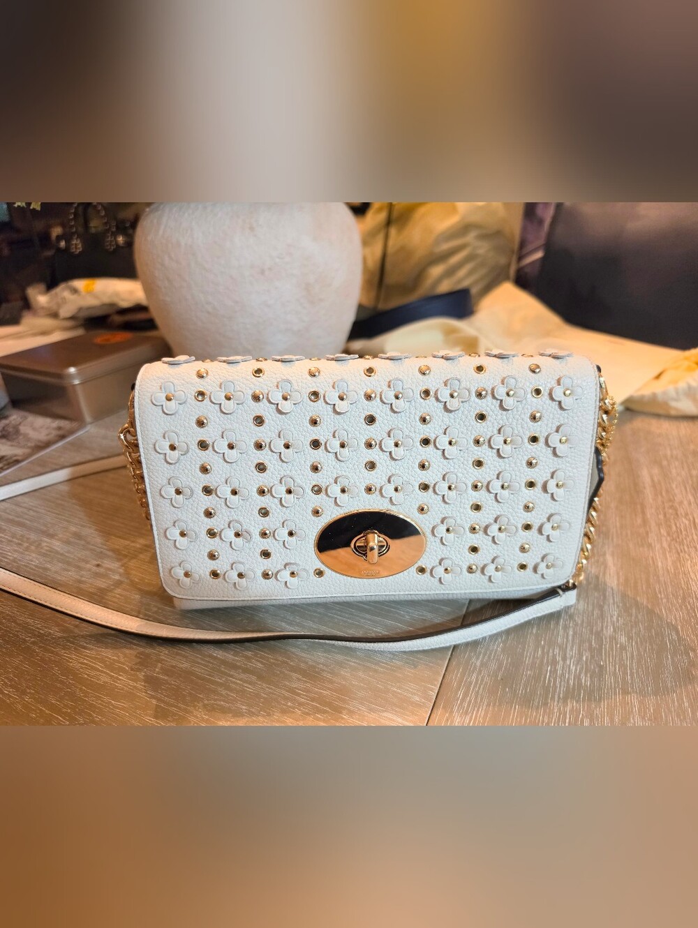 Coach White Floral Cutout Studded Crossbody Bag